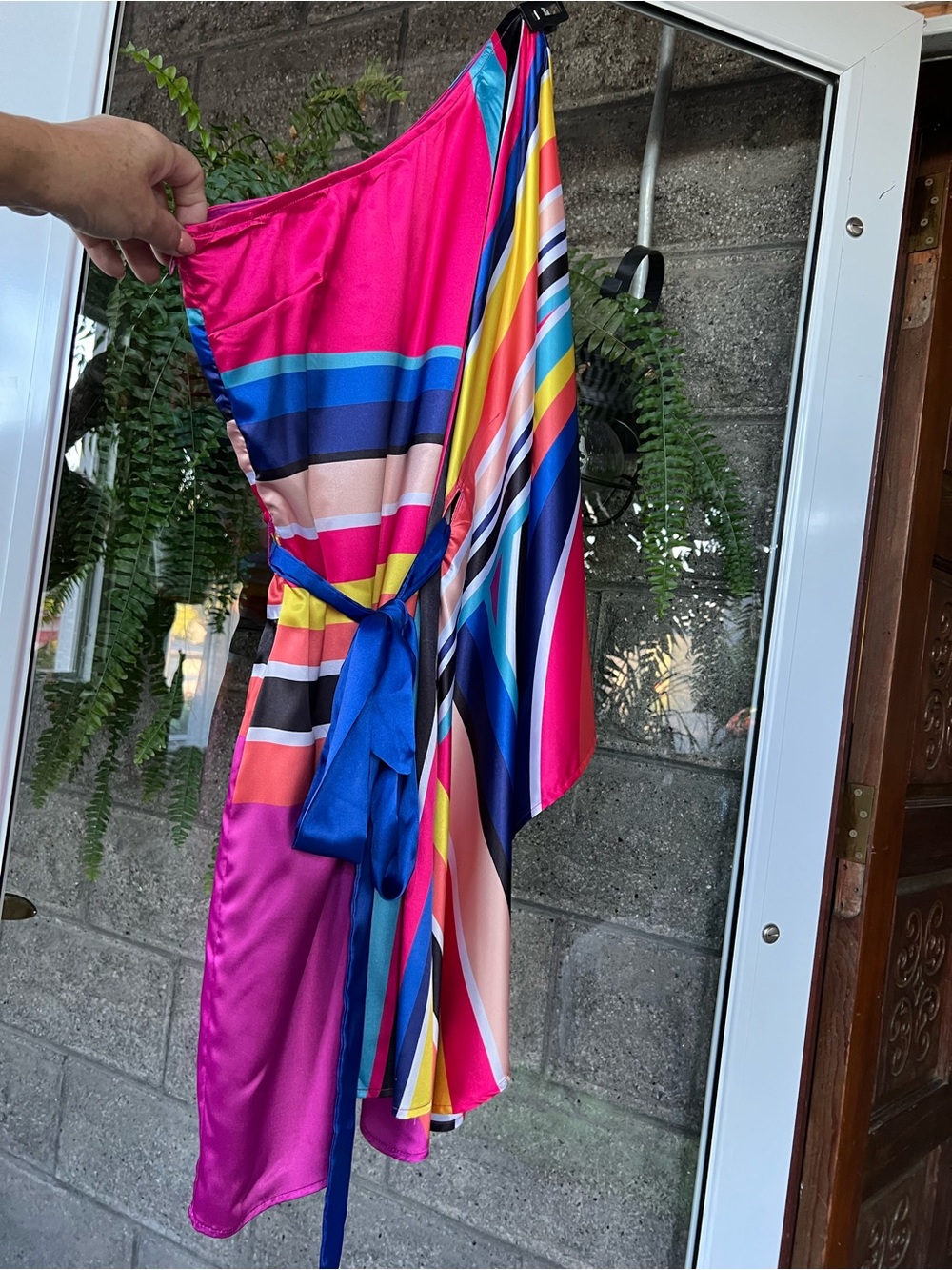 New York & Company Pink and Blue One-Shoulder Striped Wrap Dress